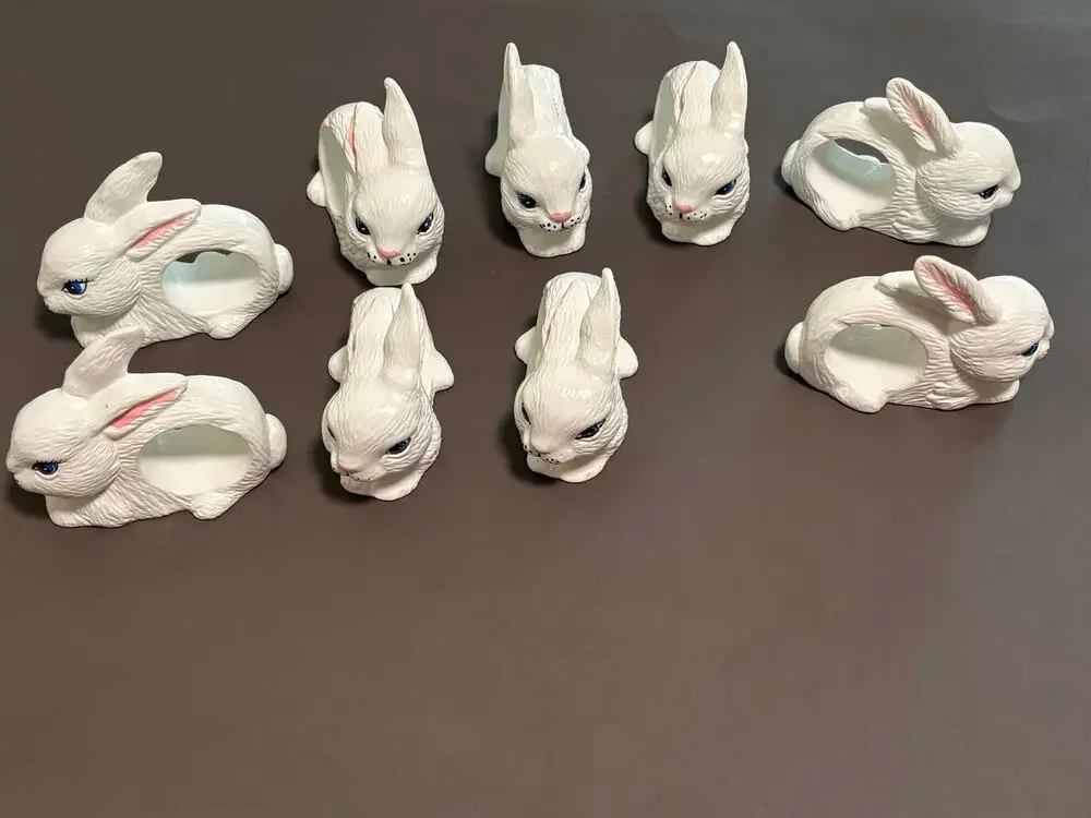 Set Of 9 Ceramic White Bunny Rabbit Napkin Ring Holders Handmade Easter Bunnies